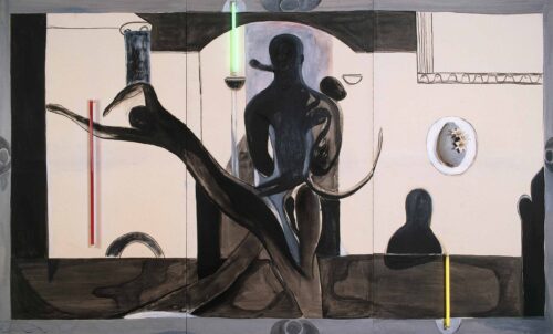 Klaus Killisch, Schatten der Leidenschaft, 1995, Mischtechnik (Öl, Acryl, Kunstblumen, Neonröhren auf Holz) © VG Bild-Kunst, Bonn 2024, Foto: BLMK